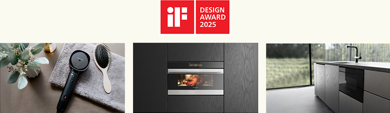 From left: 900 series Plasmacluster Drape Flow Dryer, SW99 series high-speed oven, D33 series drawer-style microwave oven